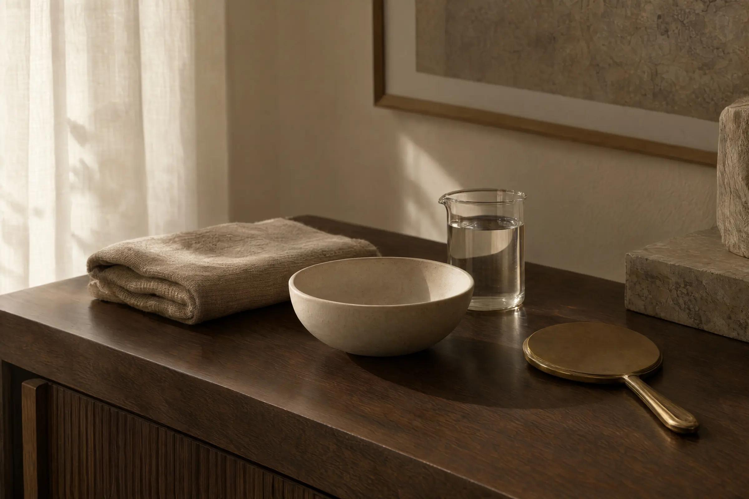 A quiet corner of the Lébnadeu hair lab in morning light